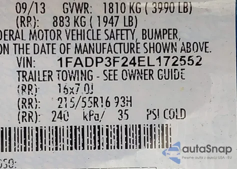 2014 Ford Focus Se from USA, damaged, VIN 1FADP3F24EL172552